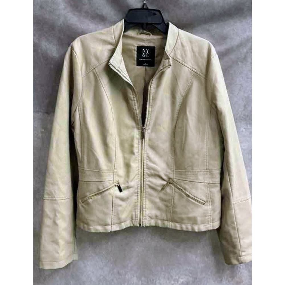 New York & Company Beige Faux Leather Moto Jacket XL Womens Full Zip Mandarin